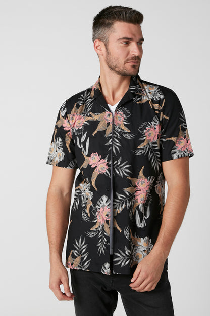 Men's black floral short-sleeve button-up shirt, pink and gray print