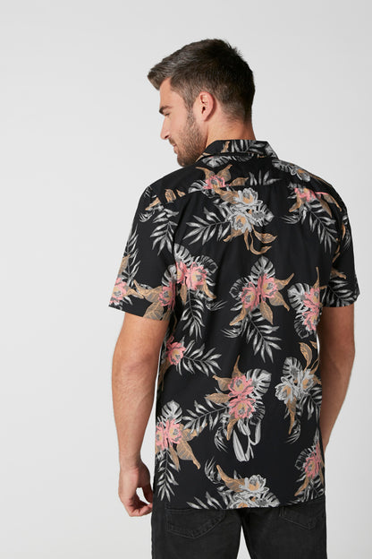Men's black floral short-sleeve button-up shirt, back view with tropical print