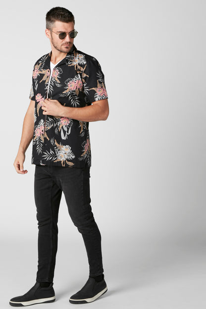 Men's black floral short-sleeve button-up shirt with full-length front view