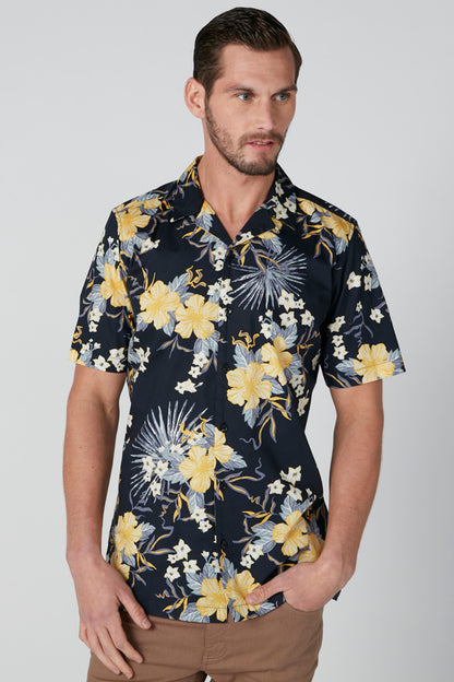 Men's navy splash-print short-sleeve button shirt with yellow floral and fireworks