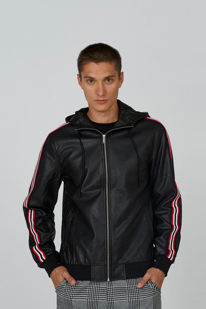 Black zip-up hooded jacket with red-and-white striped sleeves and ribbed cuffs