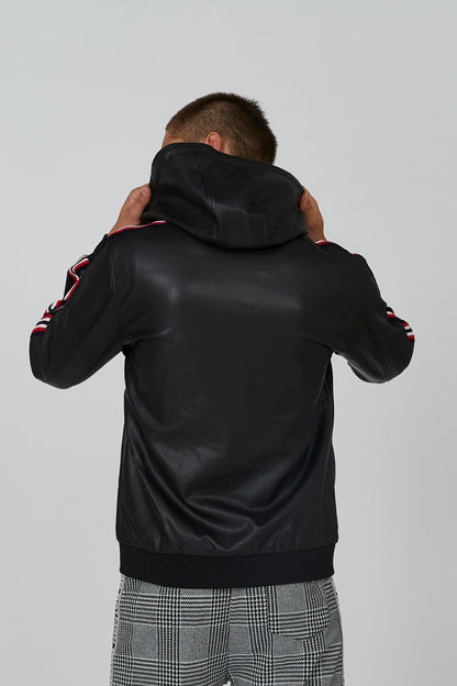 Back view of black hooded zip jacket with red-and-white stripe accents