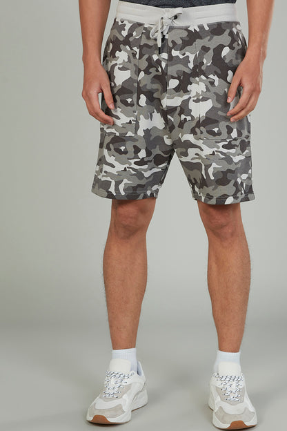 Grey camouflage drawstring shorts with elastic waistband and side pockets