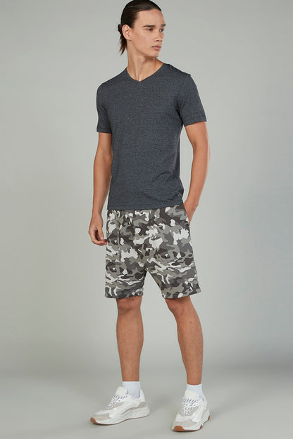 Grey camo shorts with drawstring waist, knee-length and cargo-style side pockets