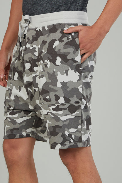 Grey camouflage shorts showing front pocket and drawstring ties at waistband