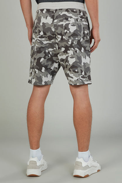 Grey camouflage shorts with elastic drawstring waistband and straight hem