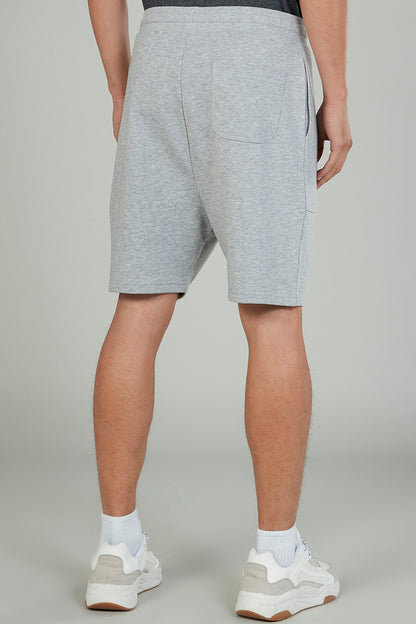 Grey heather knee-length shorts with drawstring waist and back seam