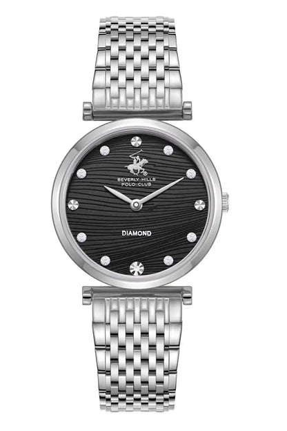 BHPC watch with black DIAMOND dial and silver mesh bracelet, front view