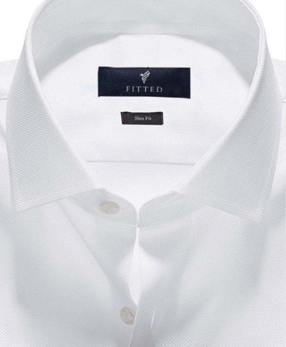 White slim-fit dress shirt with button-down collar and front placket