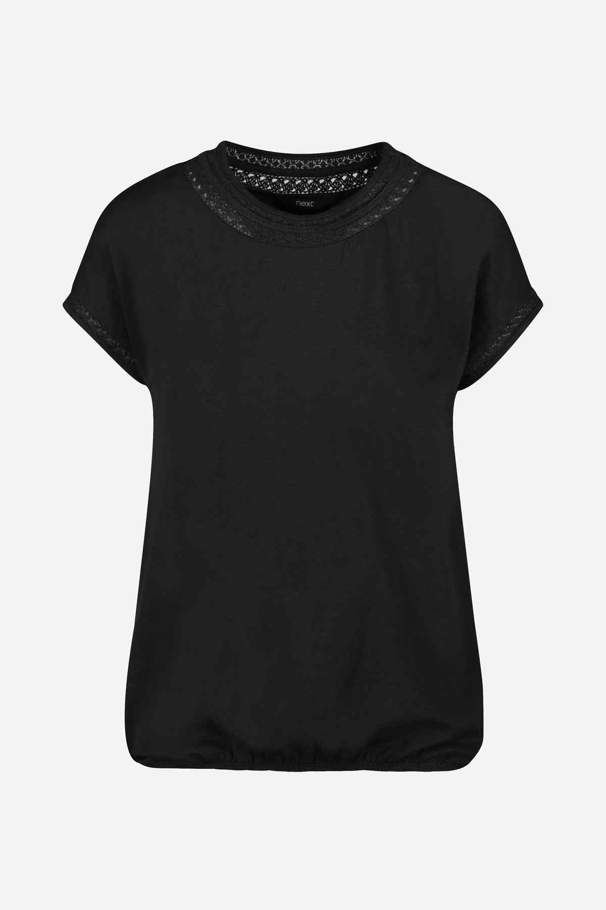 Black crew-neck T-shirt with embellished collar and short sleeves