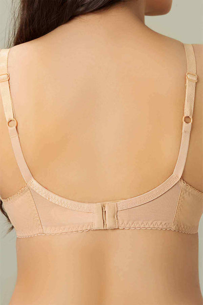 Tan bra back with adjustable straps, hook-and-eye closure, and scalloped lace band