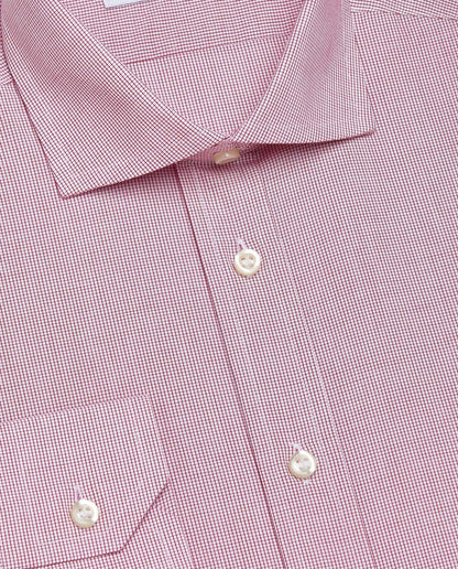 Red check dress shirt close-up of collar and white button details