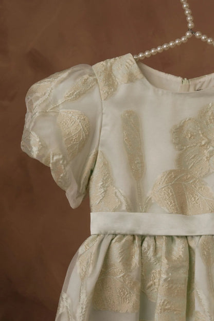 Licci mint green dress close-up: puff sleeves, textured bodice, waist sash