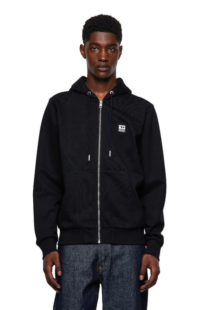 Diesel black zip-up hoodie with drawstring hood, front zip, chest logo