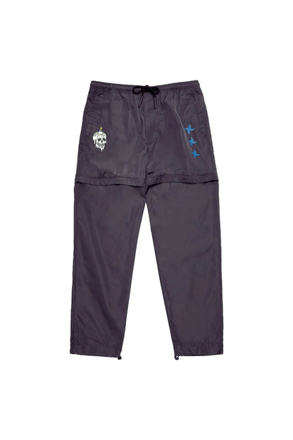 Dark navy cargo-style pants with drawstring waist, flap pockets, straight legs