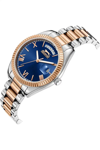 Angled two-tone watch with blue dial, Roman numerals, rose-gold bracelet links.