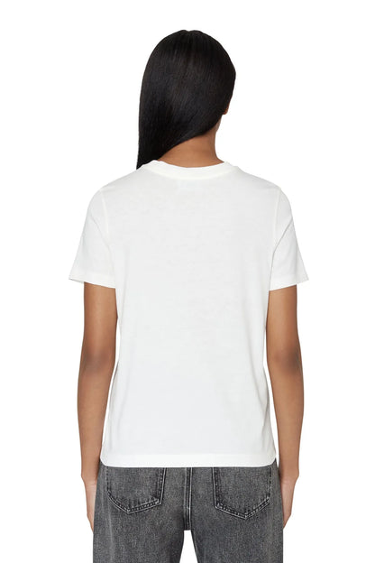 Off-white crewneck T-shirt, back view; plain back with short sleeves.