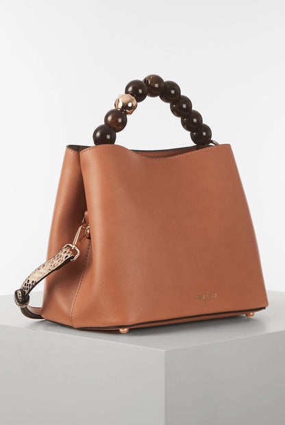 Brown leather bucket handbag with rounded beaded top handle