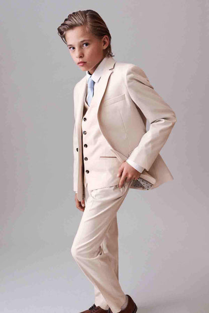 Cream suit set with tailored blazer and trousers, single-breasted button front