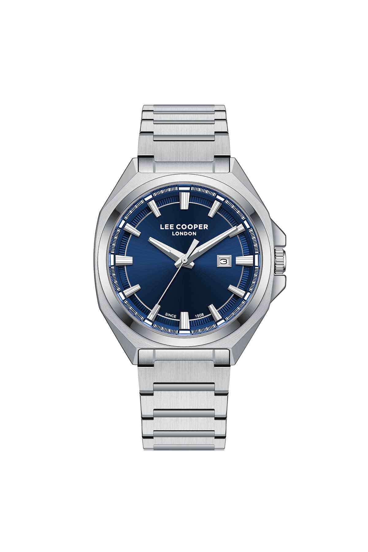 Lee Cooper London watch with blue dial and silver metal bracelet, three-hand design