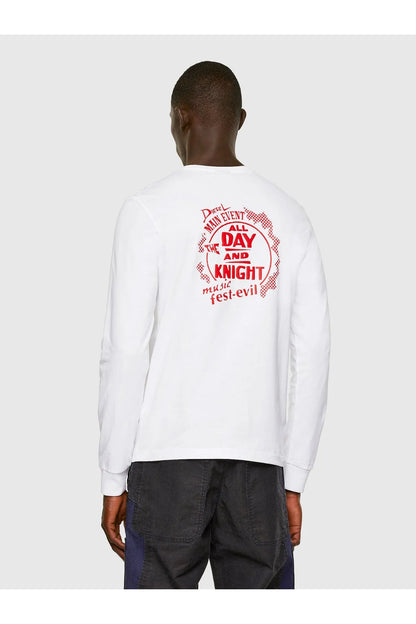White long-sleeve T-shirt back view with red circular event slogan graphic