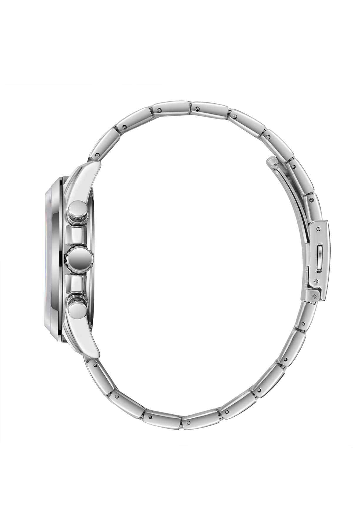 Lee Cooper silver metal wristwatch side view with ridged bezel and crown pushers