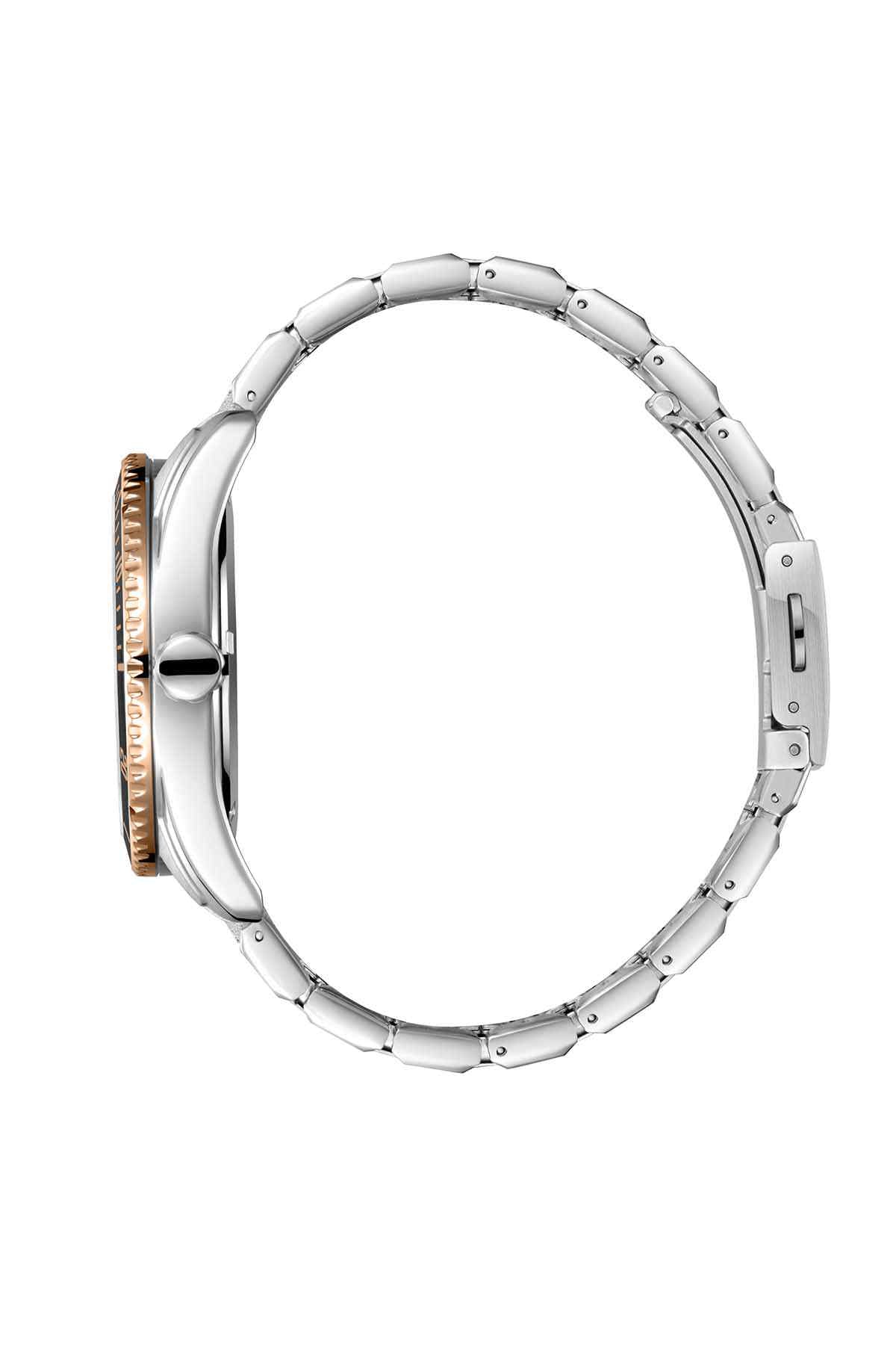 Silver wristwatch case with metal bracelet and copper-tone bezel edge detail