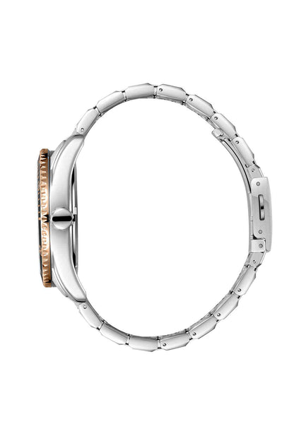 Silver wristwatch case with metal bracelet and copper-tone bezel edge detail
