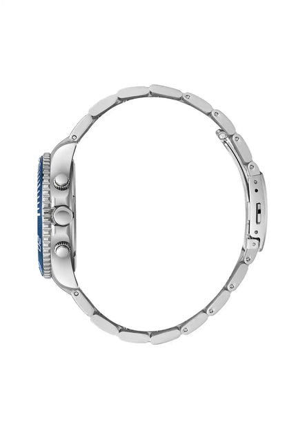 BHPC silver wristwatch side view with crown and blue bezel details