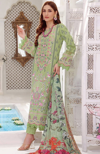 Parrot green embroidered kurta dress with floral motifs and matching dupatta