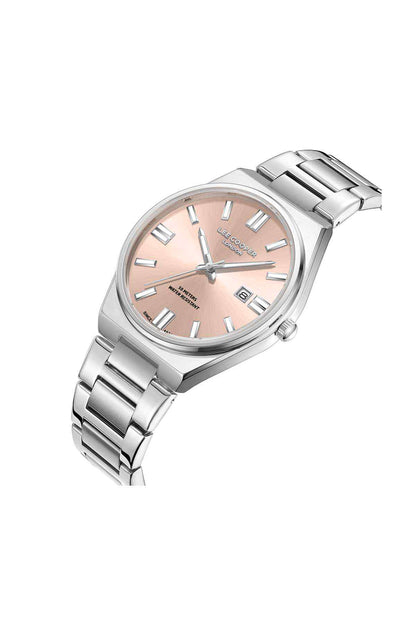 Lee Cooper silver wristwatch angled view, pale pink dial with Roman markers