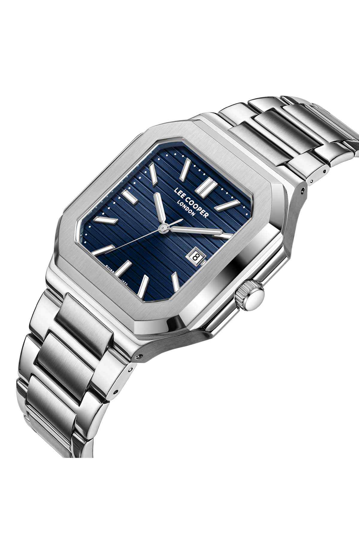 Silver metal wristwatch with blue dial, crown detail, bracelet links, date window at 3