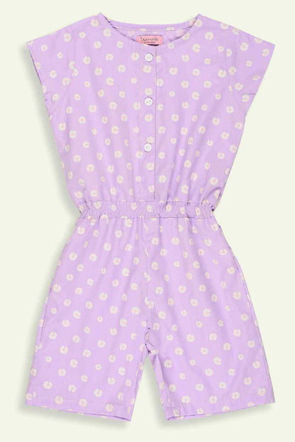 Purple daisy-print romper with cap sleeves, button placket, elastic waist