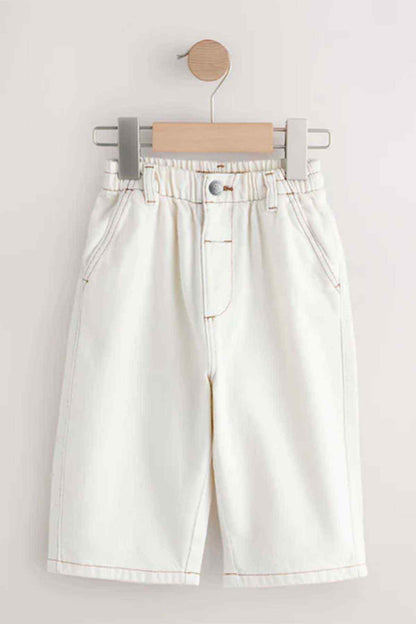 Ecru kids pants with elastic waistband, front fly and side seam pockets