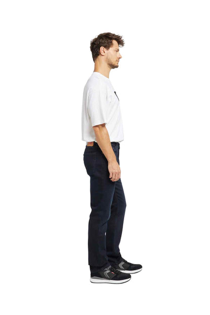 Men's black denim jeans, side profile with straight legs