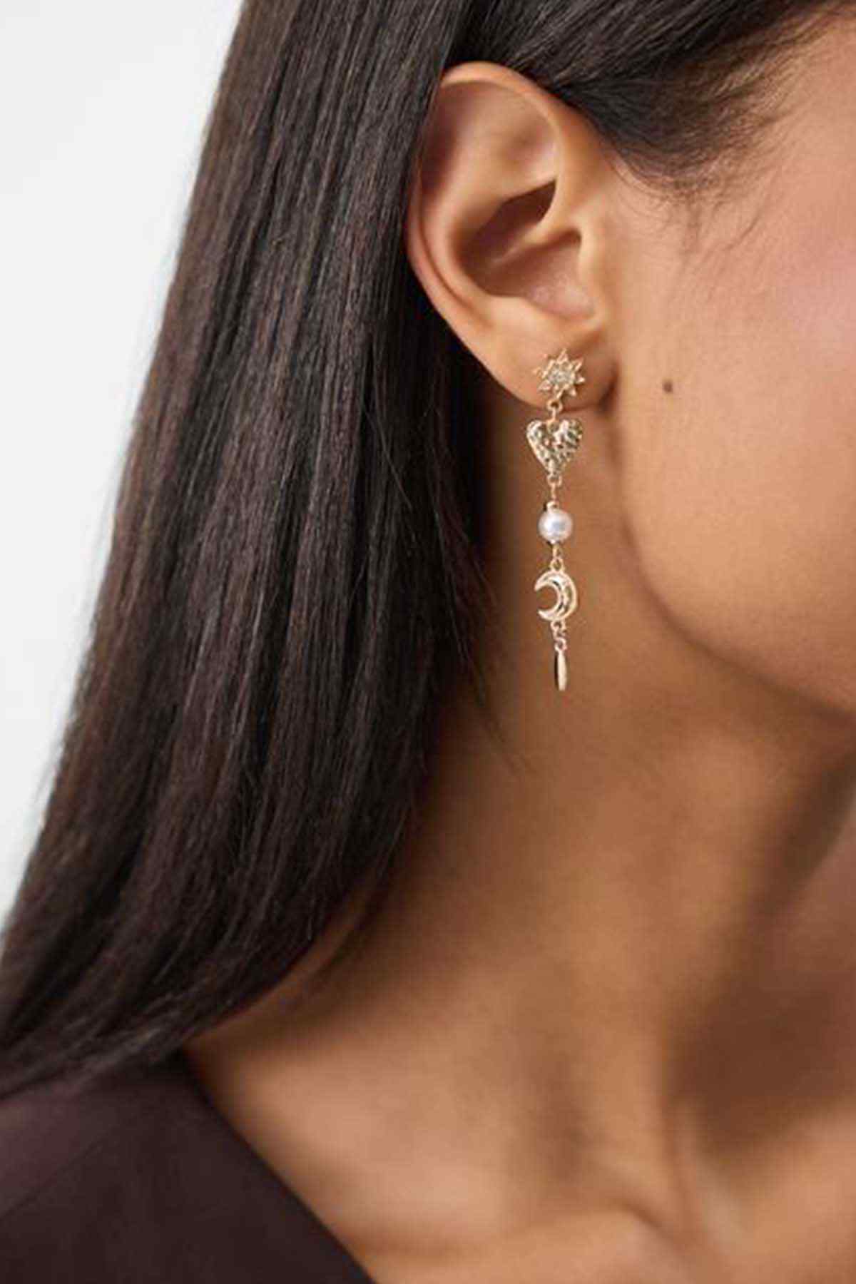 Gold star drop earrings with pearl and crescent charms