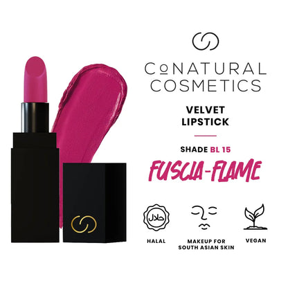Velvet lipstick shade BL 15 Fuchsia Flame; open bullet with bold purple-pink color