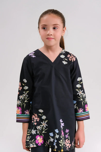Kids black floral tunic, V-neck with multicolor striped cuffs