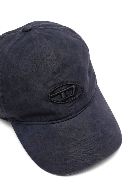 Dark blue denim baseball cap with oval embroidered Diesel logo and curved brim