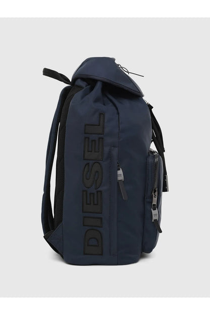 Navy backpack with embossed DIESEL-style logo panel and multiple zip pulls