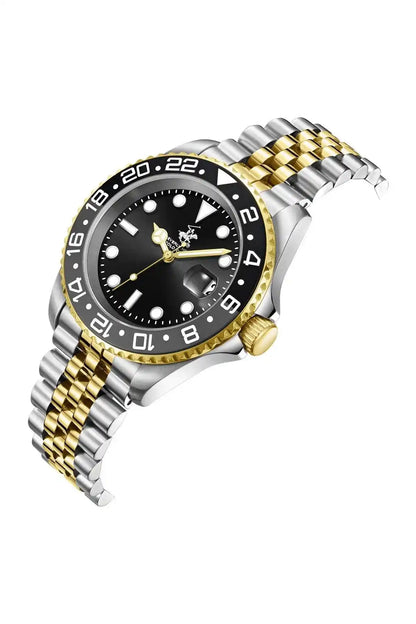 Two-tone wristwatch with black dial, gold hands, and silver-and-gold bracelet