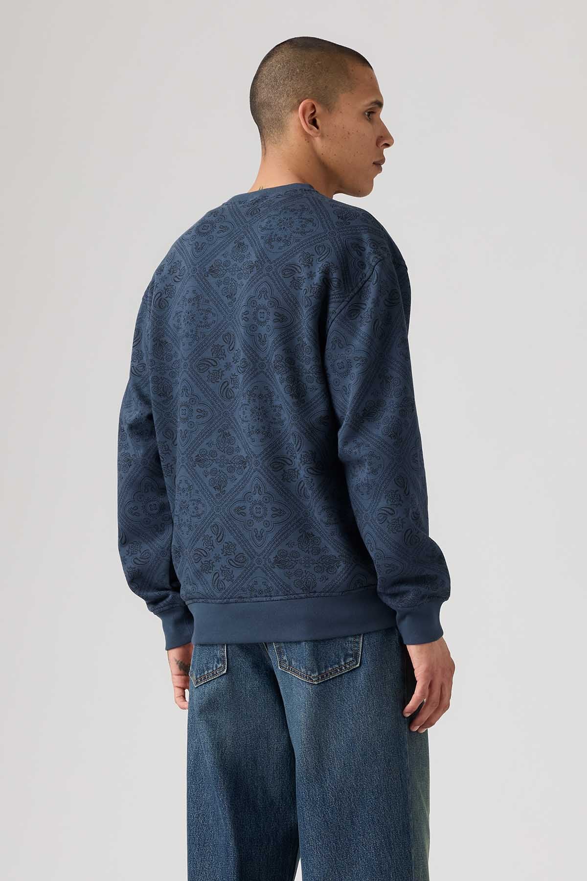 Crewneck sweatshirt, dark blue with allover pattern; ribbed hem and cuffs.
