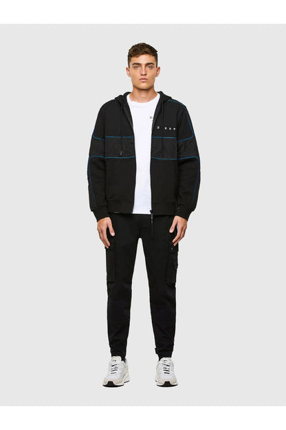 Men's Diesel black zip hoodie with blue piping, white T-shirt, and cargo pants