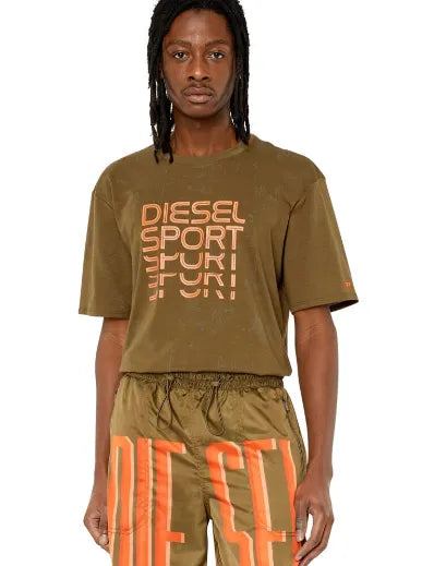 Olive Diesel T-shirt with orange "Diesel Sport" graphic on chest