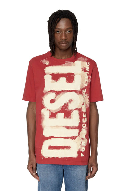 Red graphic T-shirt with distressed white front logo print