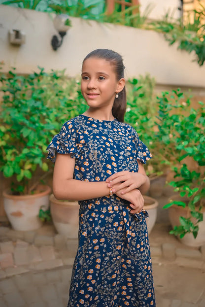 Girls' blue floral jumpsuit with ruffle sleeves and round neckline