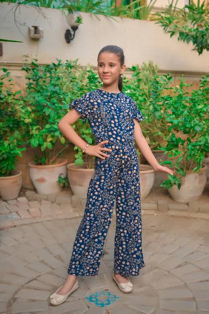 Girls' blue floral jumpsuit with short sleeves and wide-leg pants