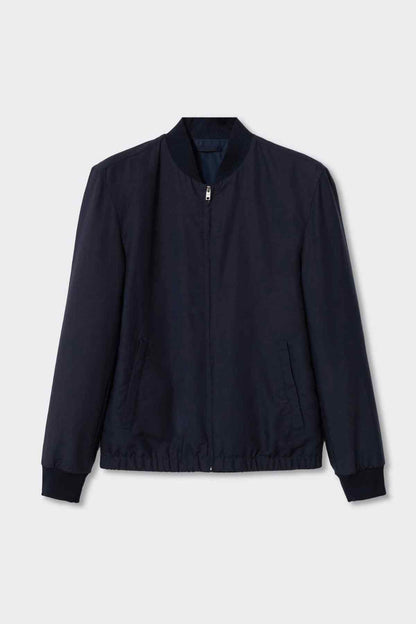 MANGO navy bomber jacket with stand collar and zip-front, long sleeves