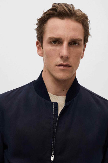 MANGO navy bomber jacket with stand collar and silver zipper