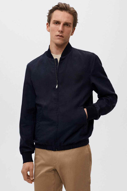 MANGO navy bomber jacket with front zipper and ribbed cuffs